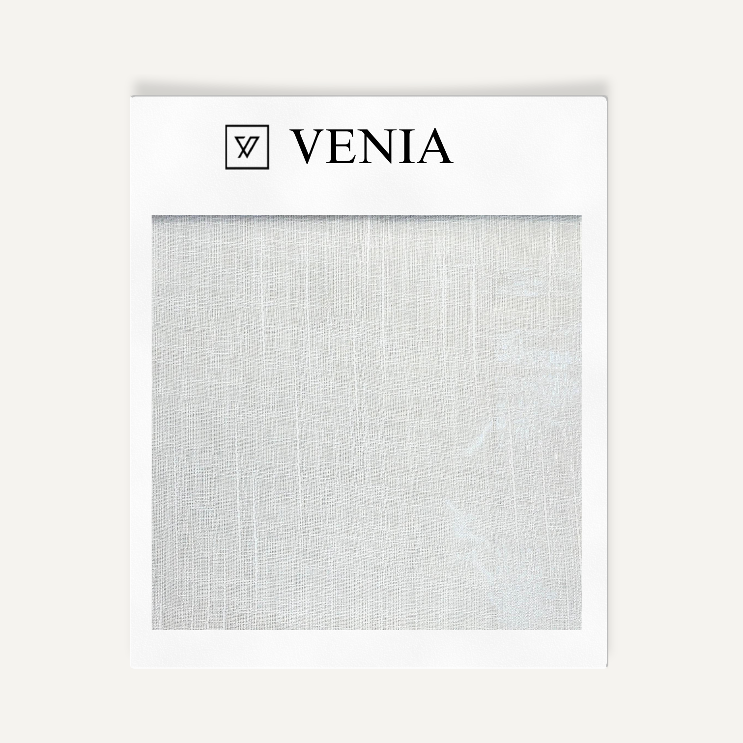 Textured white fabric sample with 'VENIA' branding on a white background
