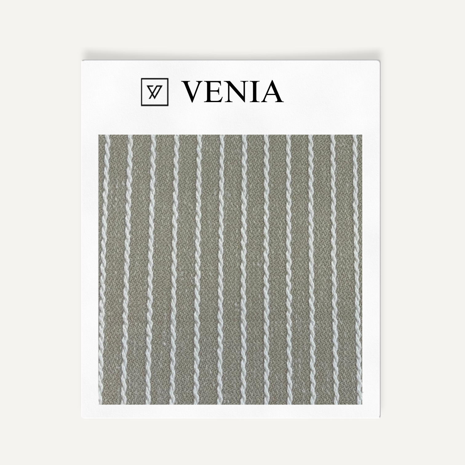 Textile sample with striped pattern and 'Venia' branding on a white background