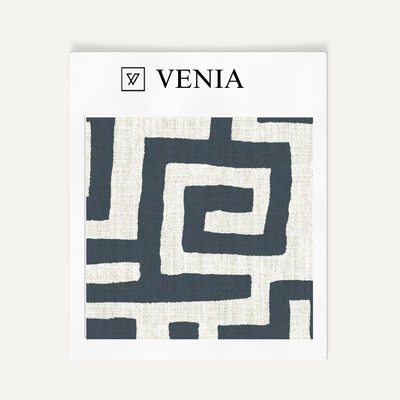 Deco Maze Fabric I - Ivory with Navy detail