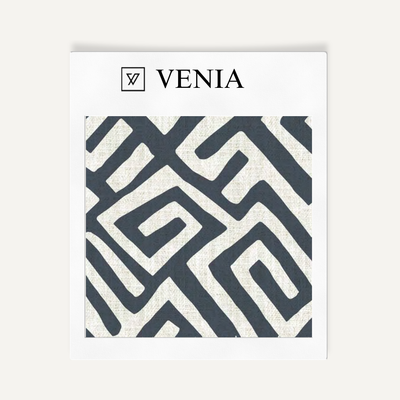 Deco Maze Fabric II - Ivory with Navy detail