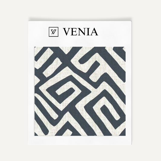 Deco Maze Fabric II - Ivory with Navy detail