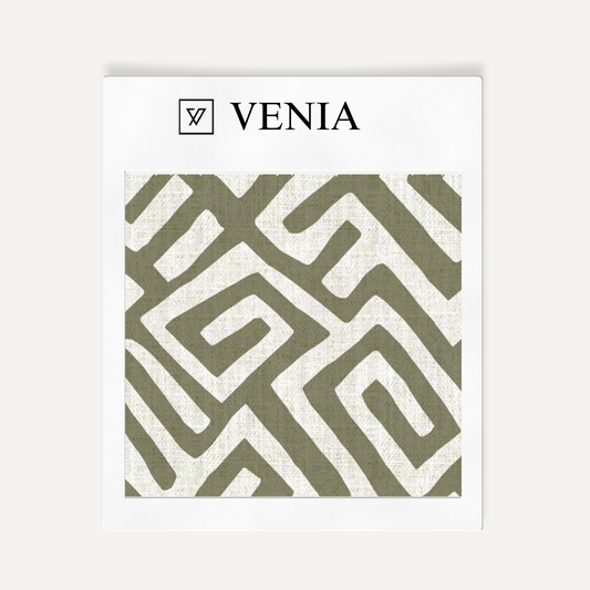 Deco Maze Fabric II - Ivory with Olive detail