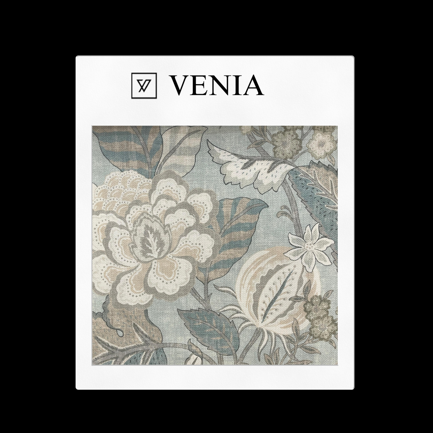 piece of curtain and upholstery fabric on a 'VENIA' monogrammed mockup