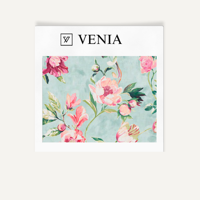 Romance Bloom Fabric – Sky Blue with Pink Flowers