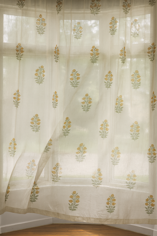 Floral Reverie - Sheer White Linen Curtains - Orange Flowers