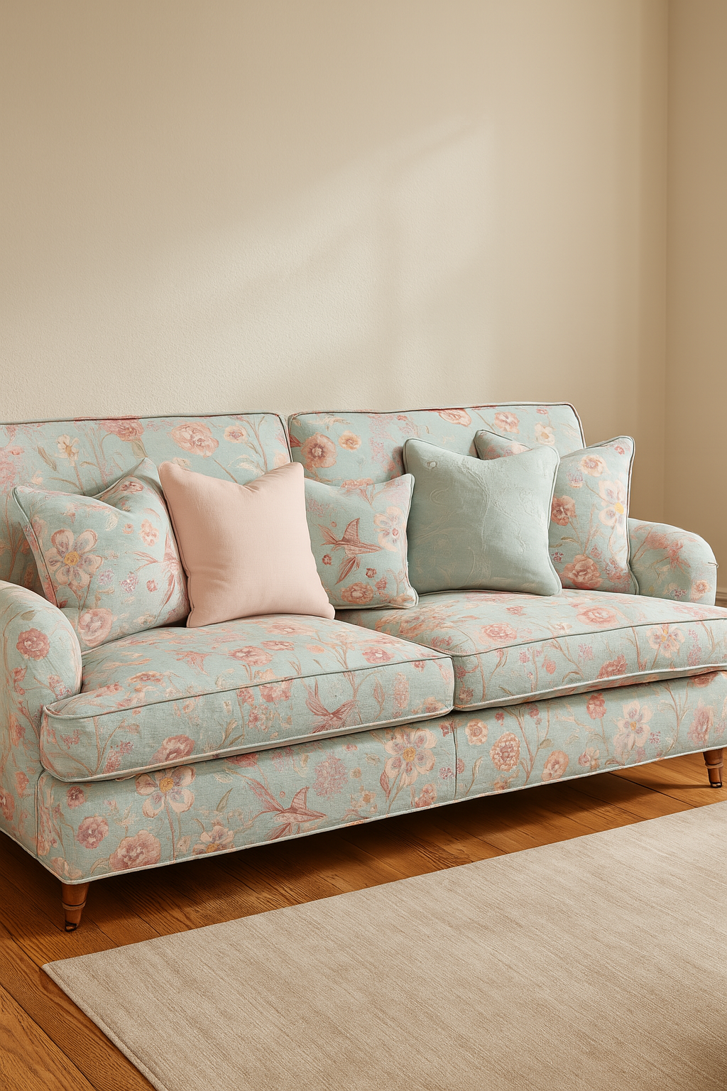 Floral-patterned sofa with cushions on a wooden floor and beige wall background