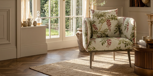 Floral armchair in a sunlit room with large windows and decorative items.