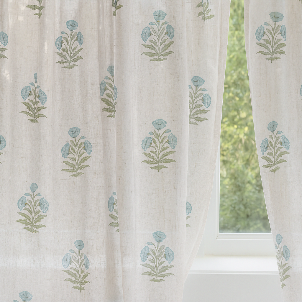 Wildflower Trail - Sheer White Linen Curtains - Blue Flowers