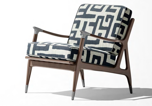 Deco Maze Fabric I - Ivory with Navy detail