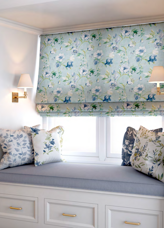 Romance Bloom Fabric – Aqua with Blue Flowers