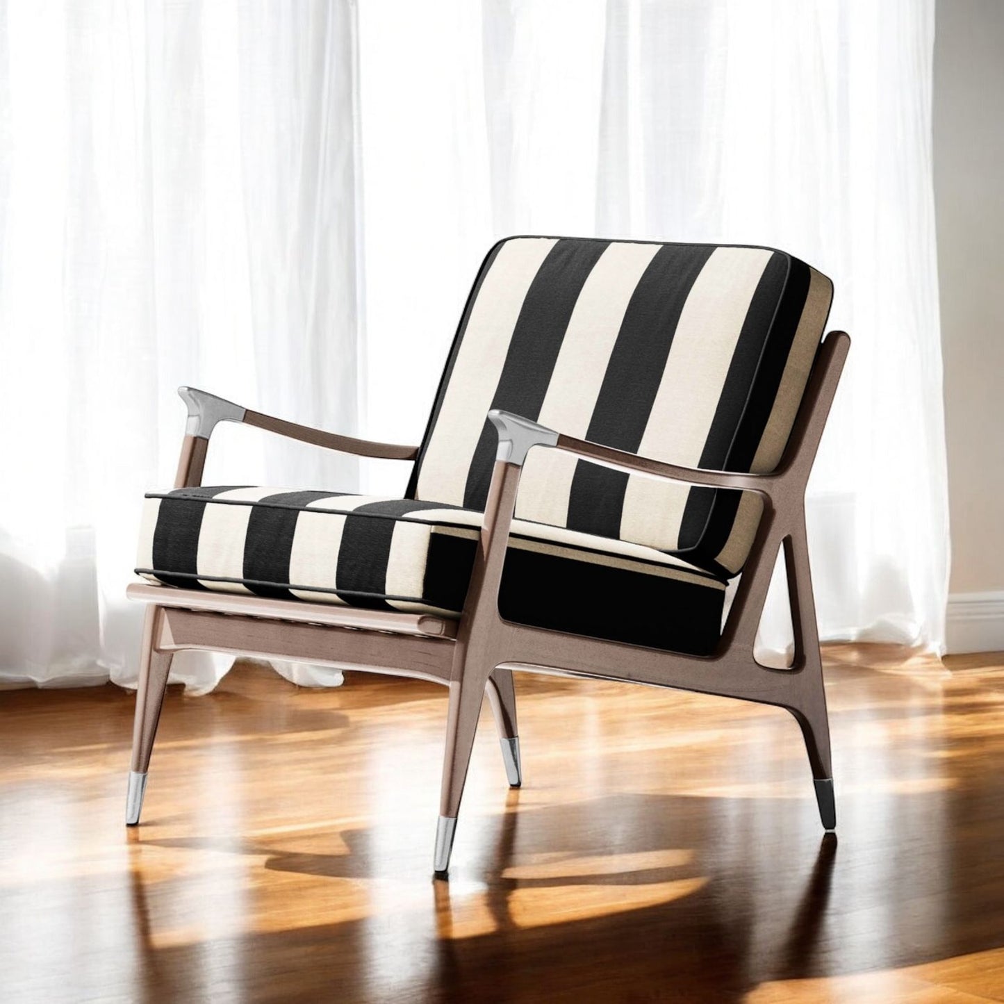 A chair with a black and white striped upholstery fabric.