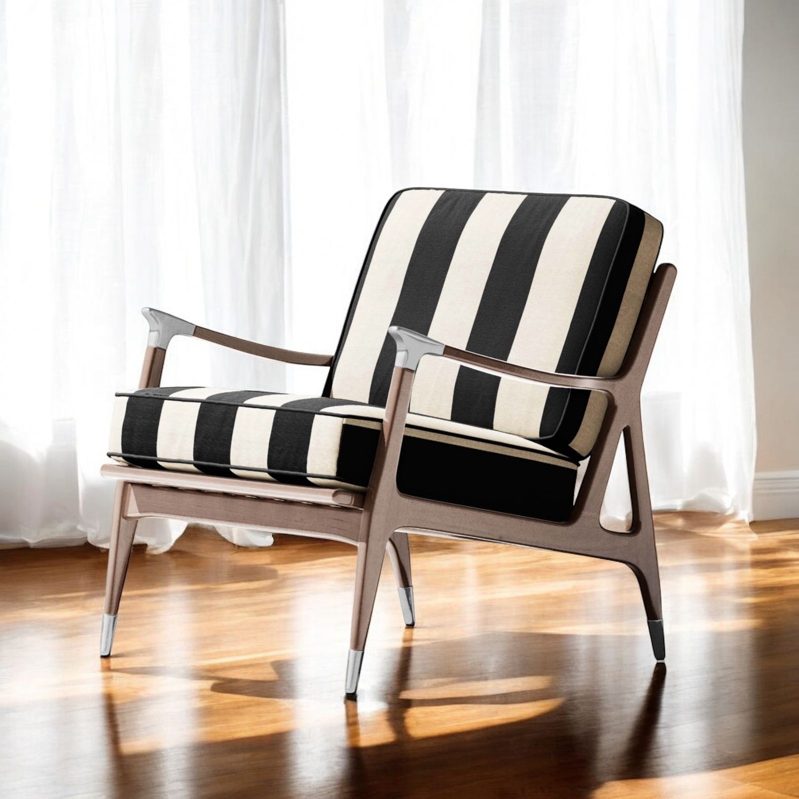 A chair with a black and white striped upholstery fabric.