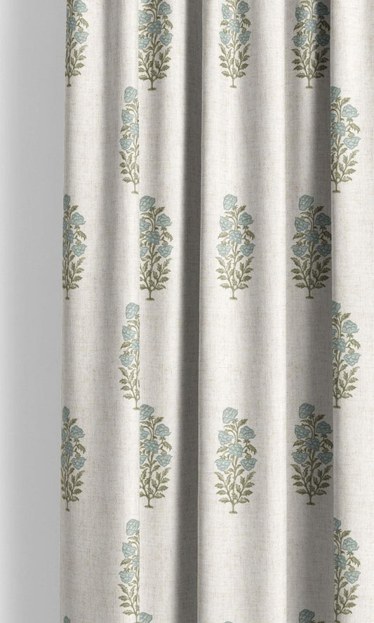 Floral Reverie - Sheer White Linen Curtains - Blue Flowers
