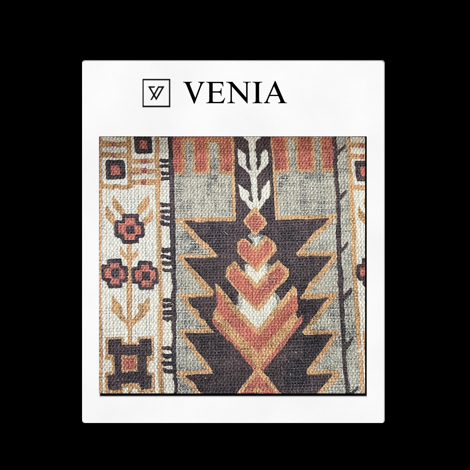 piece of curtain and upholstery fabric on a 'VENIA' monogrammed mockup
