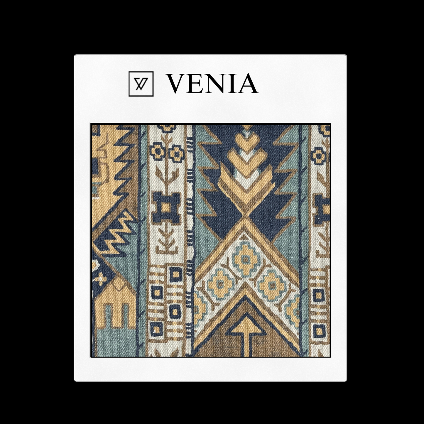 piece of curtain and upholstery fabric on a 'VENIA' monogrammed mockup