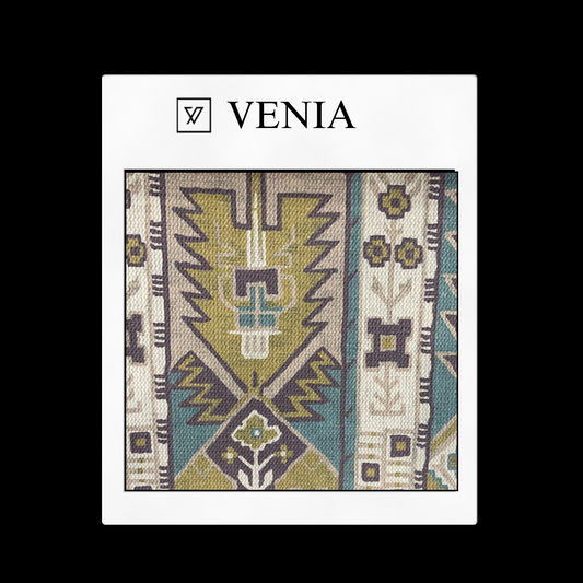 piece of curtain and upholstery fabric on a 'VENIA' monogrammed mockup