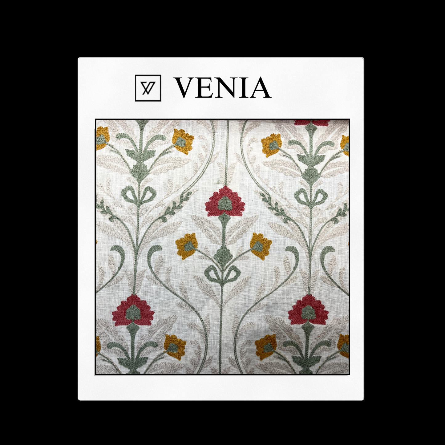 piece of curtain and upholstery fabric on a 'VENIA' monogrammed mockup