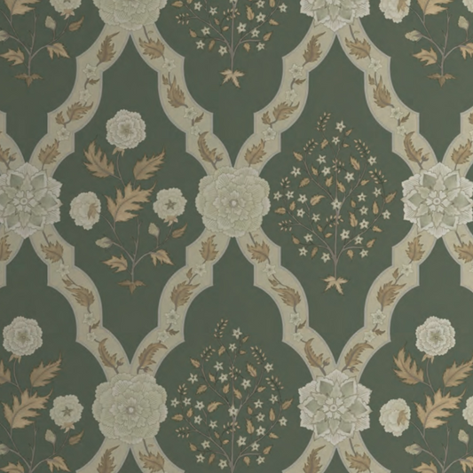 room adorned with a green designer wallpaper with Mughal motifs
