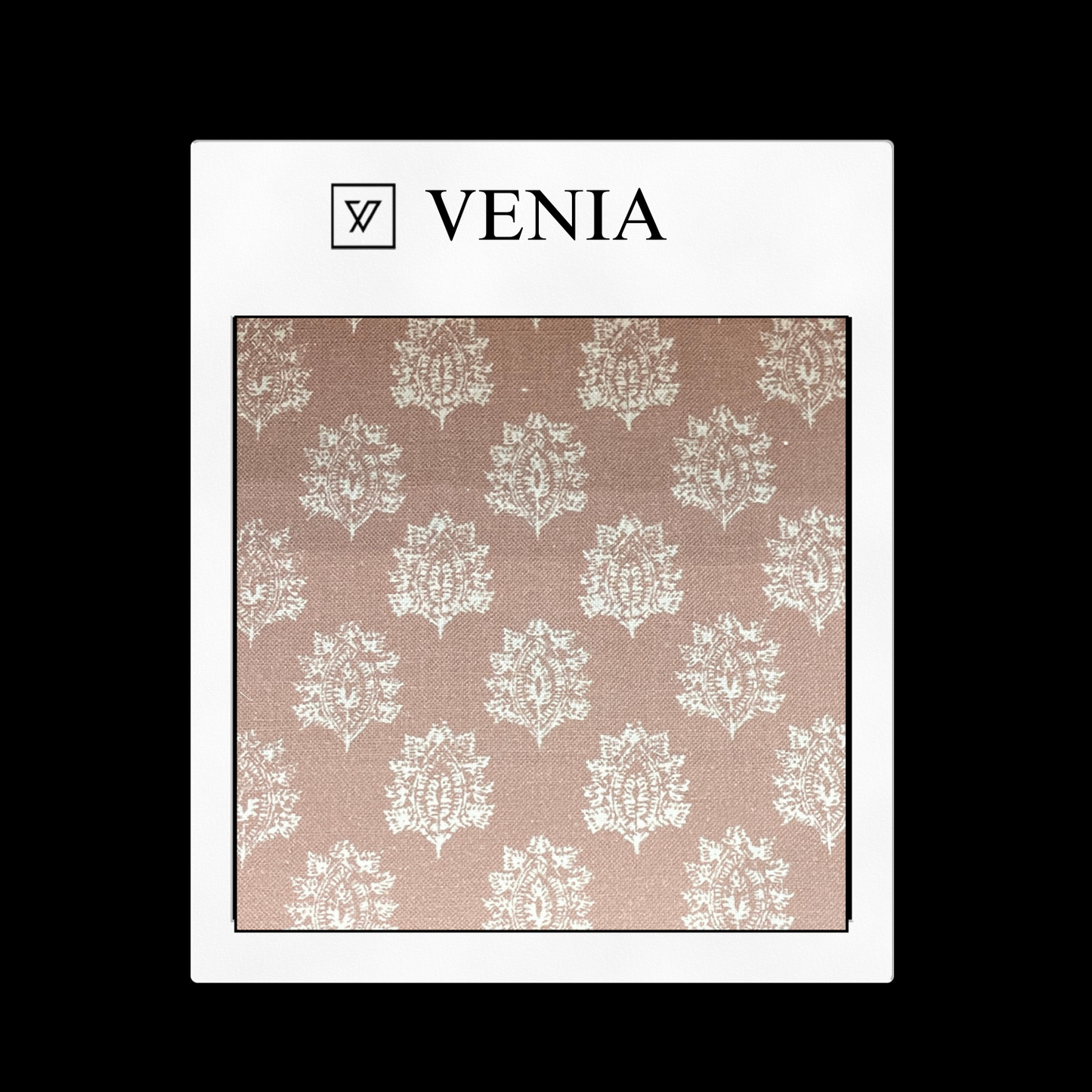 piece of curtain and upholstery fabric on a 'VENIA' monogrammed mockup