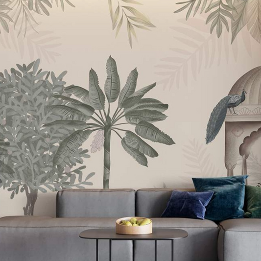 living room adorned with Indian heritage wallpaper