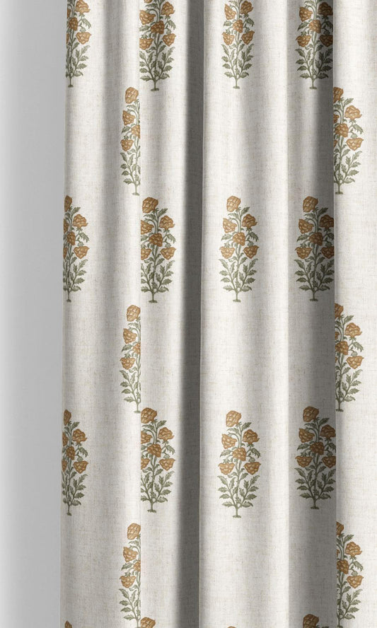 Floral Reverie - Sheer White Linen Curtains - Orange Flowers