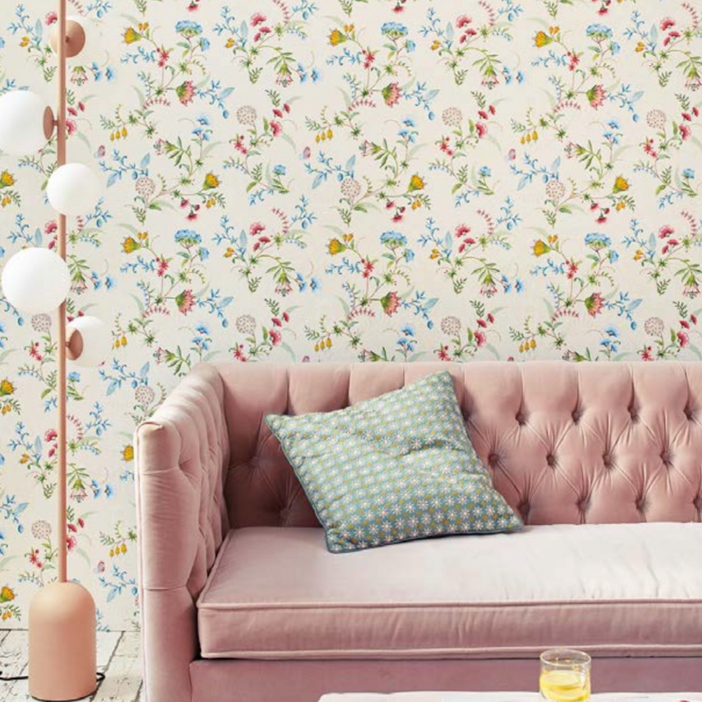 children's room adorned with pink floral wallpaper