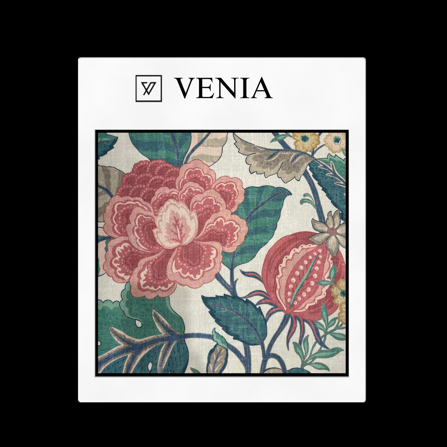 piece of curtain and upholstery fabric on a 'VENIA' monogrammed mockup