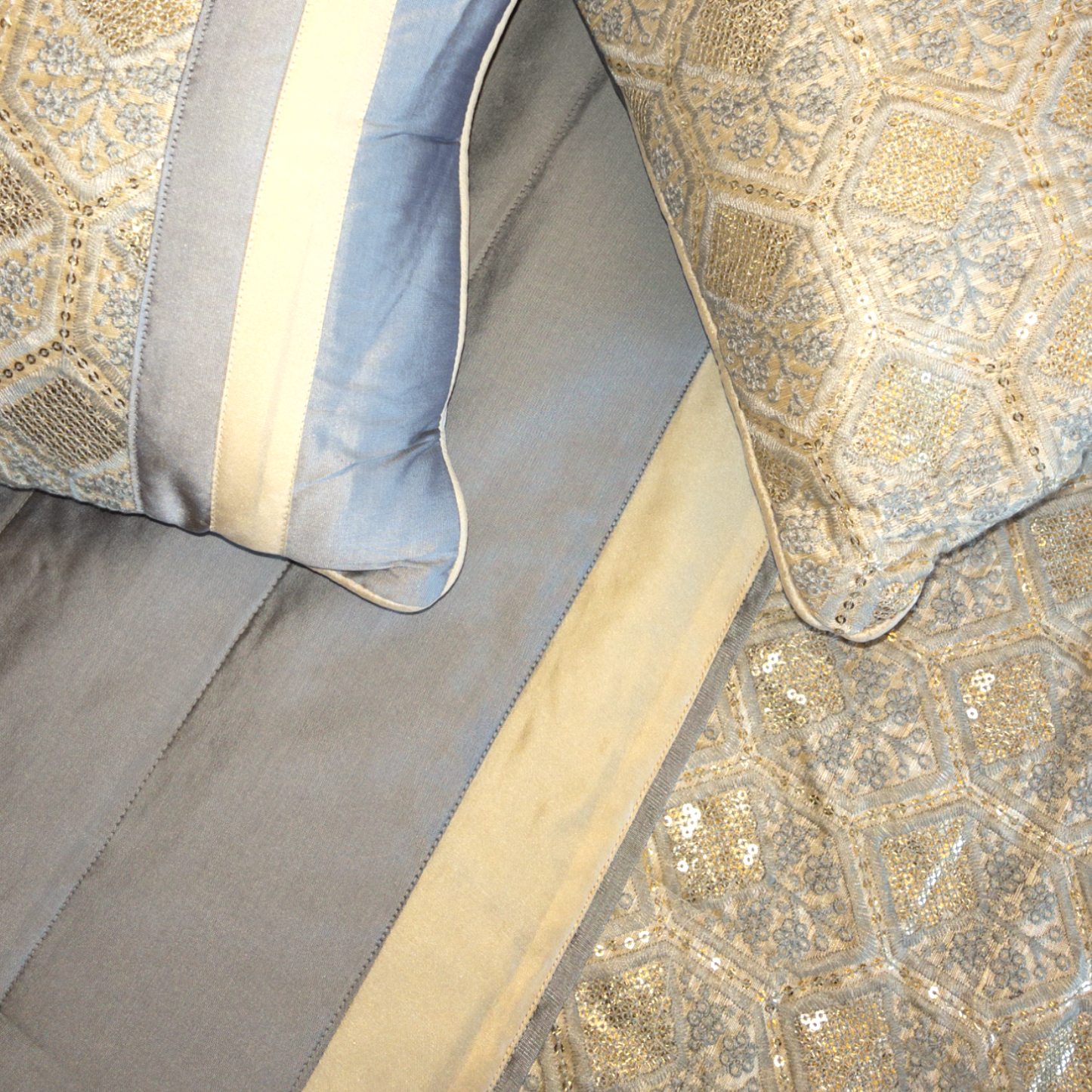close up of silk bedcover