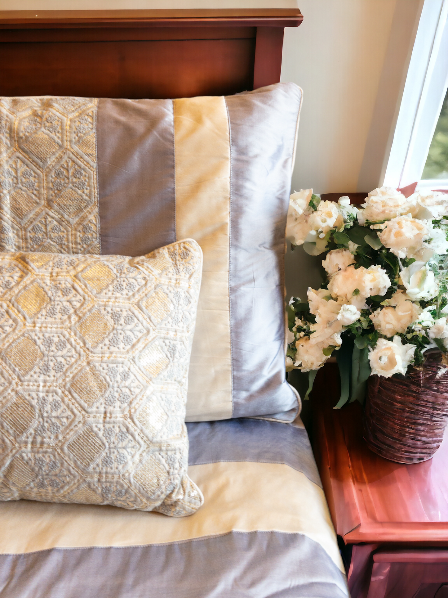 Bed covered in a silk bedcover