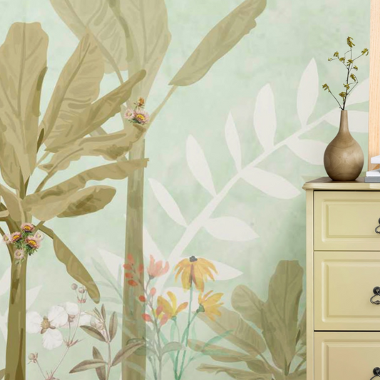 close up picture of a forest themed wallpaper in a bedroom