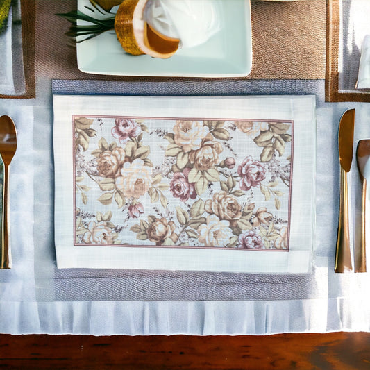 Beige  linen table mat with floral print placed on a dining table