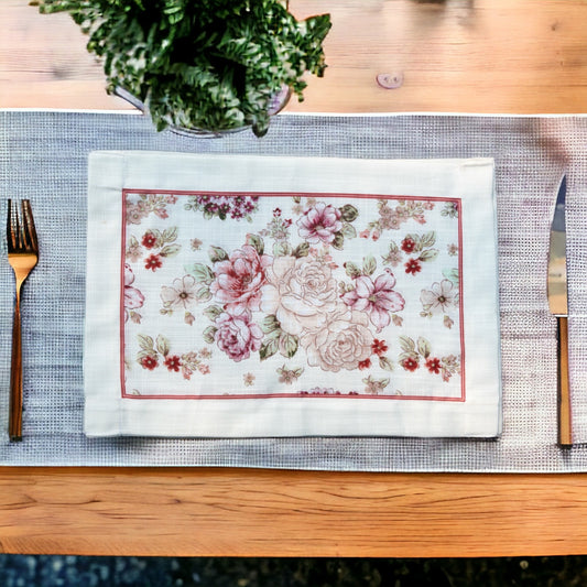 White linen table mat with floral print placed on a table