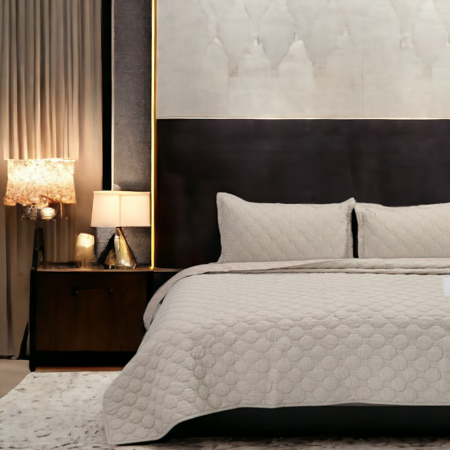Close up of a bedcover set, spread on a bed