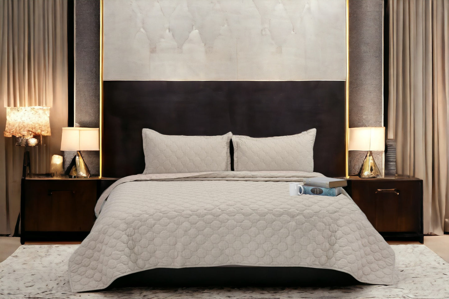 Close up of a bedcover set, spread on a bed