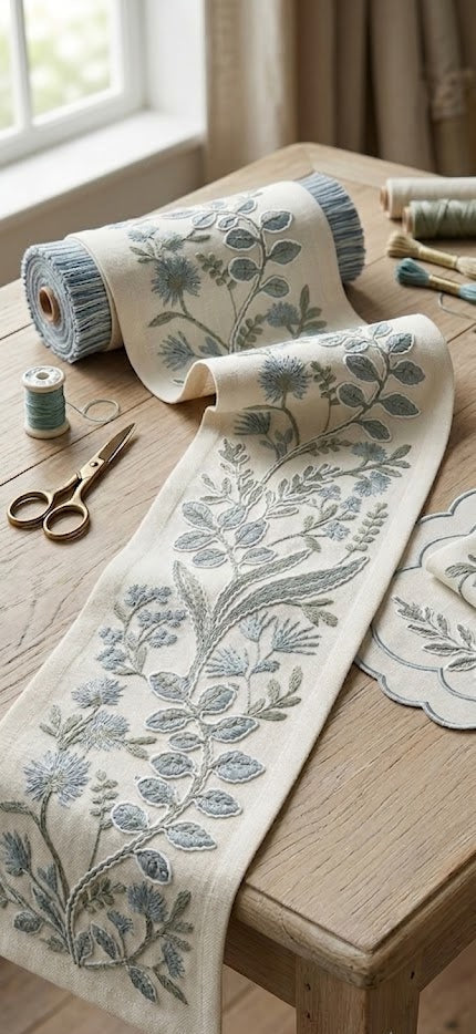 Aqua bel embroidered trim roll with fabric and scissors
