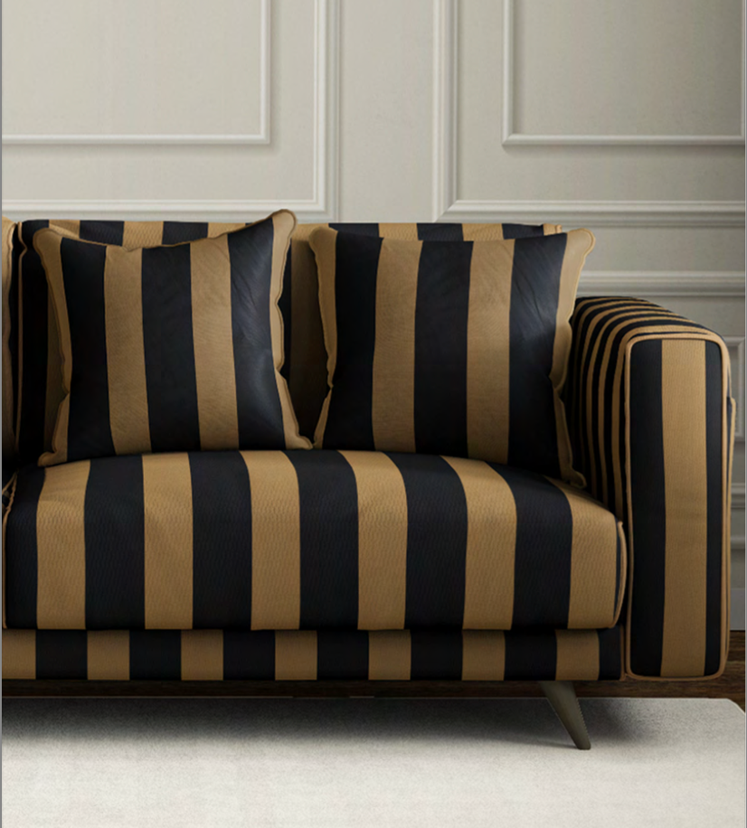 Close-up detail of black and camel atelier stripe velvet fabric