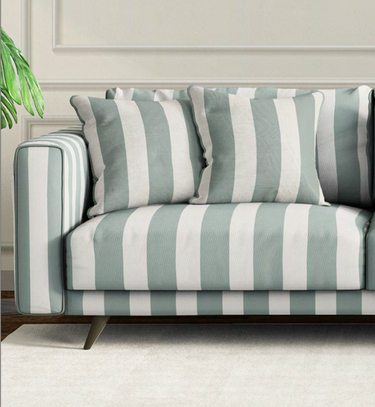 Close-up detail of ivory and seafoam atelier stripe velvet fabric