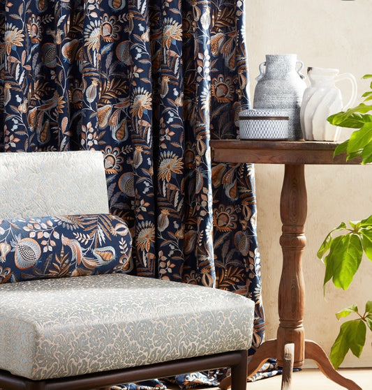 Close-up detail of indigo gold autumn song fabric