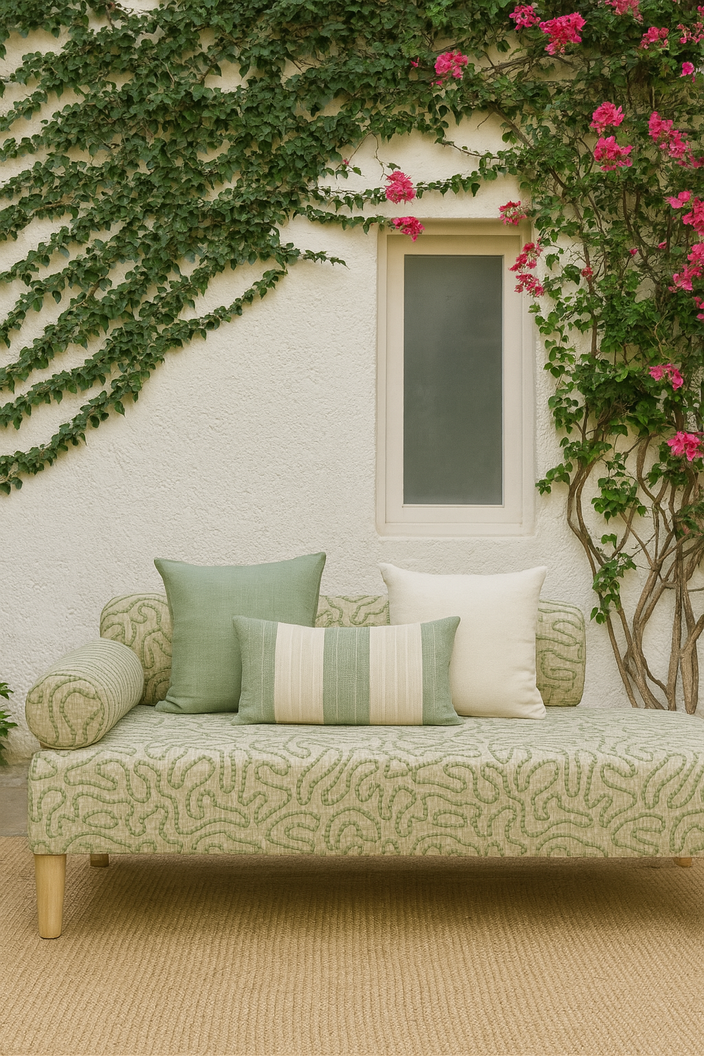 Sage whisper beaded loop fabric styled in a daybed setting with bougainvillea