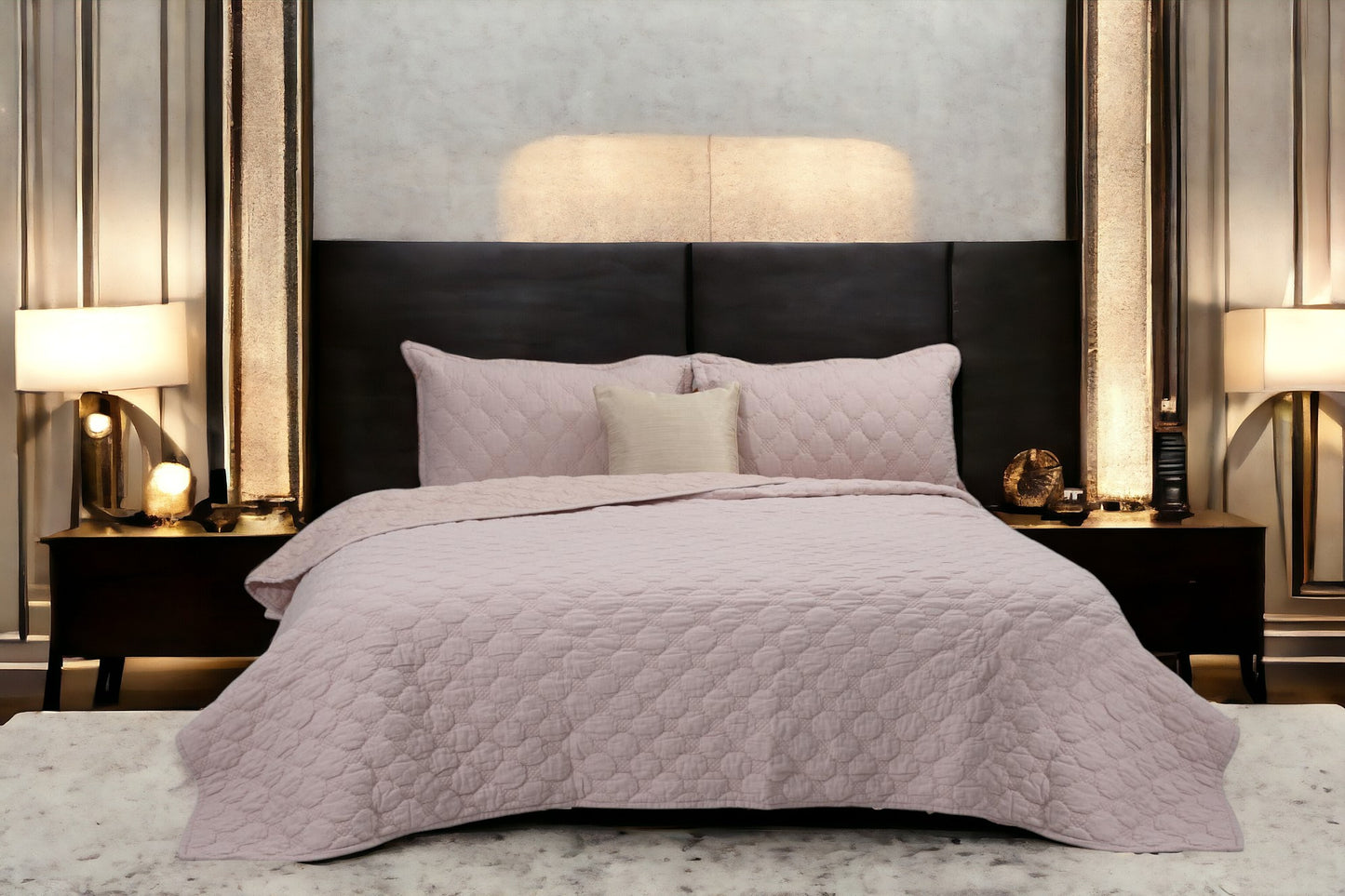 Close up of a bedcover set, spread on a bed
