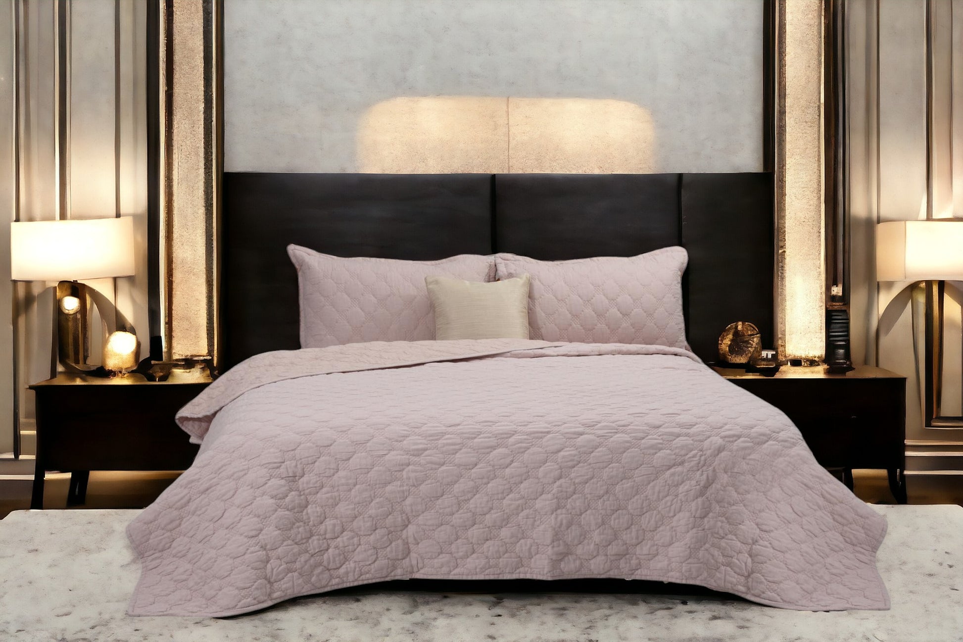 Close up of a bedcover set, spread on a bed
