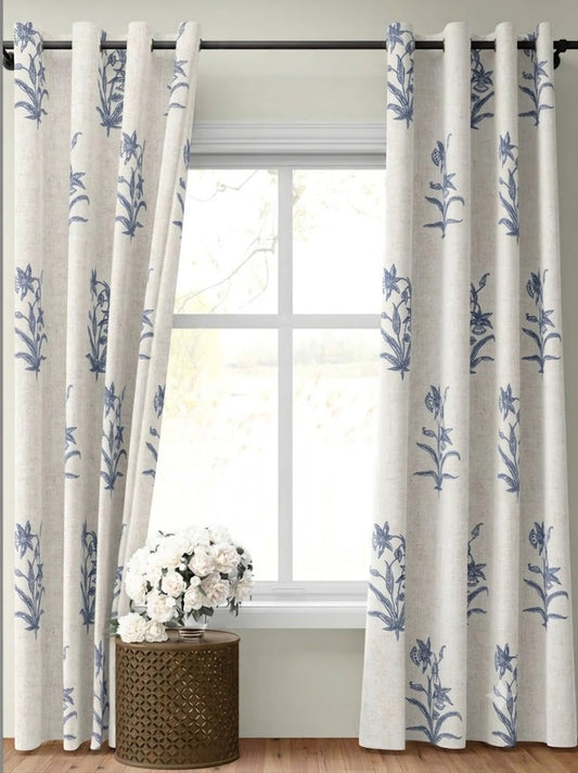 Indigo botanica study fabric on curtain