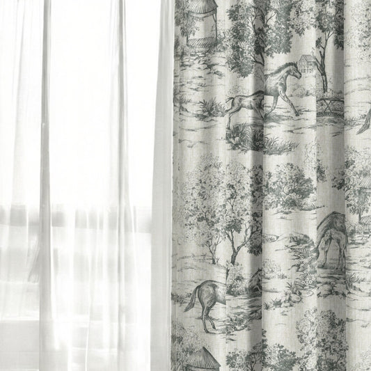 Deep charcoal Château Cheval fabric as curtain