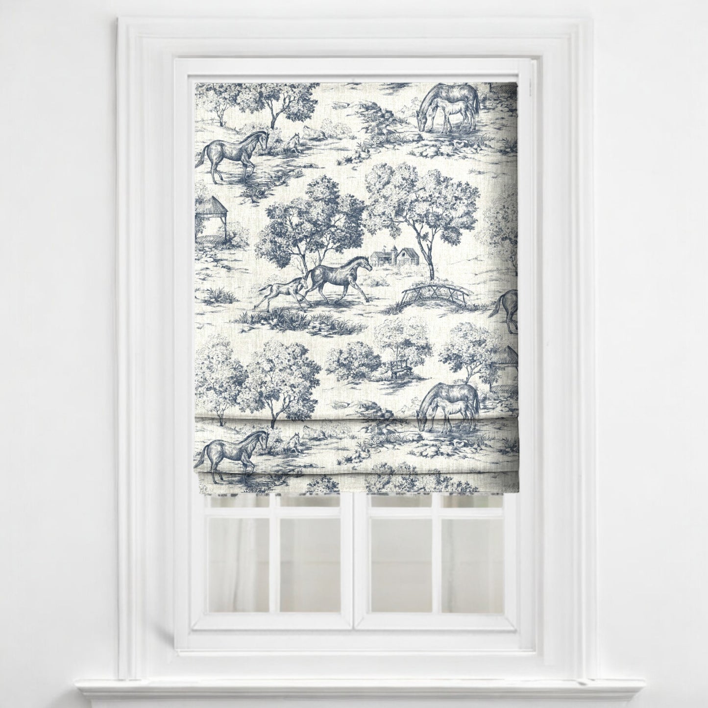 Midnight blue Château Cheval fabric as blinds