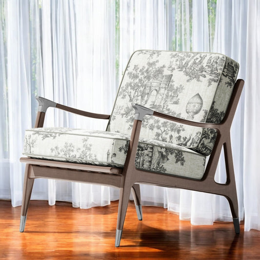 Charcoal grey classic French toile fabric on an accent chair