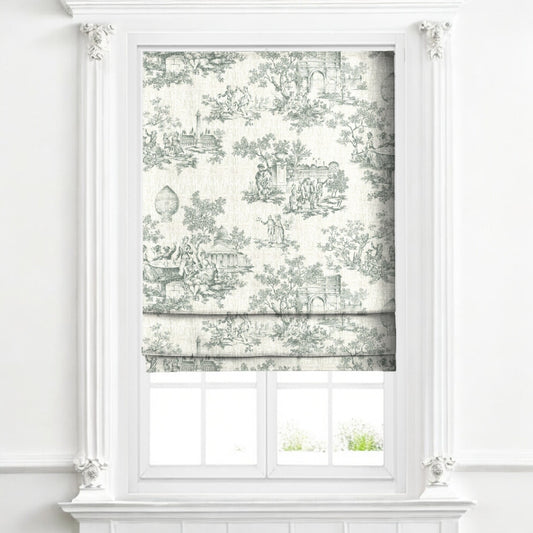 Mint green classic French toile fabric as blinds