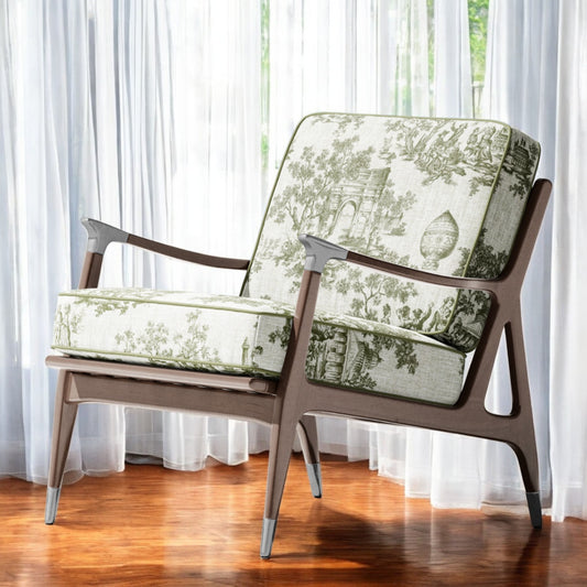 Olive green classic French toile fabric on an accent chair