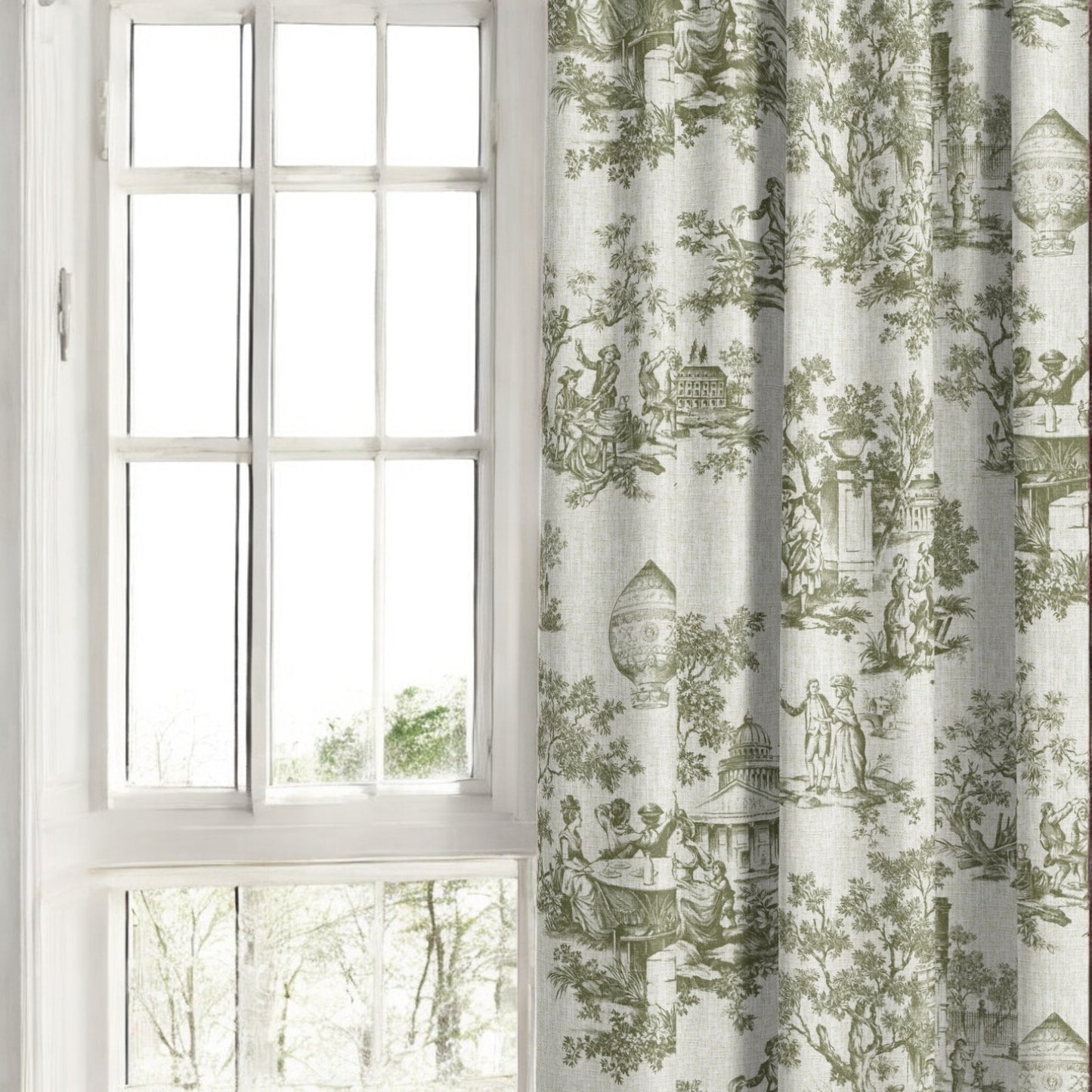 Olive green classic French toile fabric as curtain