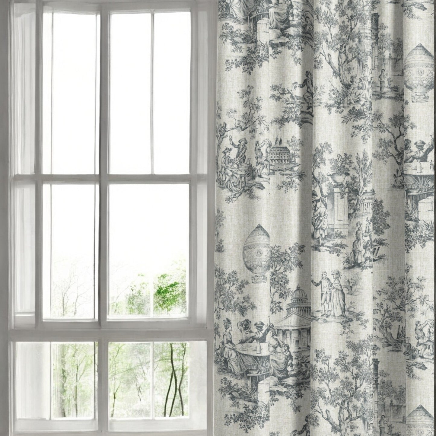 Periwinkle blue classic French toile fabric as curtain