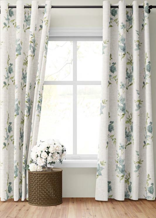 Close-up detail of aqua climbing rose fabric